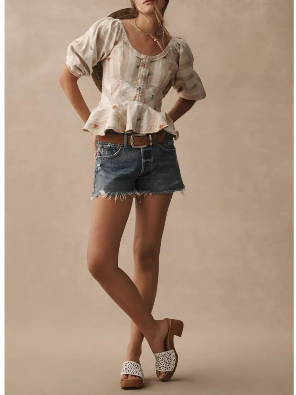 Anthropologie Pilcro Puff-Sleeve Peplum Blouse Neutral Motif Floral Cream M